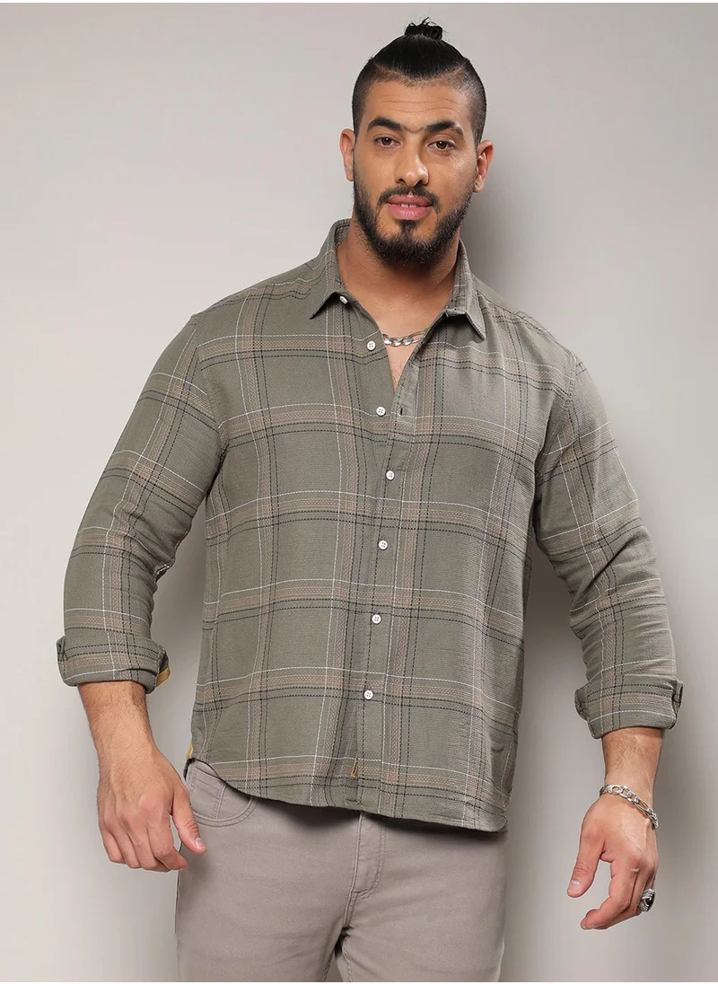 Instafab Plus Instafab Plus Men's Olive Green Maxi Tartan Plaid Shirt For Casual Wear | Spread Collar | Long Sleeve | Button Closure | Cotton Shirt Crafted With Comfort Fit For Everyday Wear