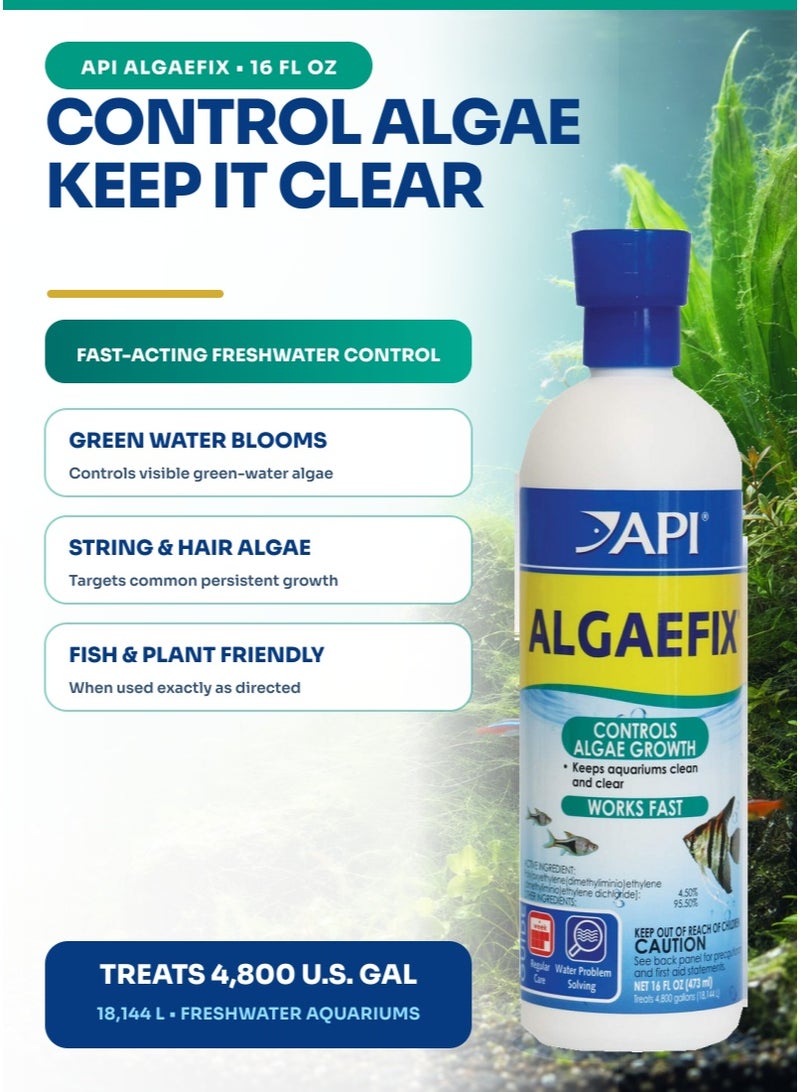 ايه بي آي API Algaefix 16 أونصة للتحكم في طحالب حوض السمك، 473 مل علاج لخزان الأسماك للمياه الخضراء وطحالب الشعر، 1 مل لكل 10 جالون، آمن للأسماك والنباتات الحية، للمياه العذبة - Image 1