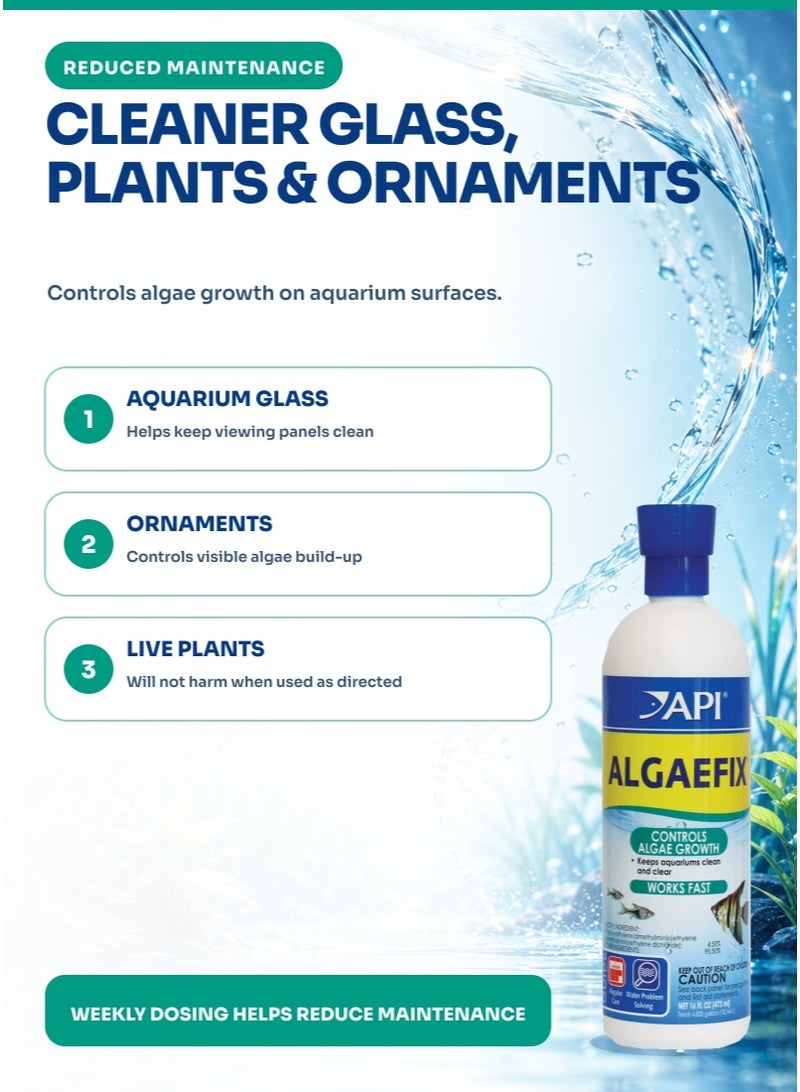 ايه بي آي API Algaefix 16 أونصة للتحكم في طحالب حوض السمك، 473 مل علاج لخزان الأسماك للمياه الخضراء وطحالب الشعر، 1 مل لكل 10 جالون، آمن للأسماك والنباتات الحية، للمياه العذبة - Image 3