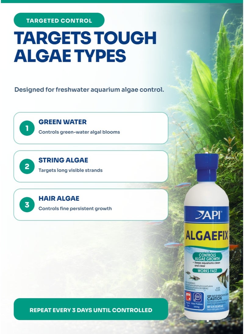 ايه بي آي API Algaefix 16 أونصة للتحكم في طحالب حوض السمك، 473 مل علاج لخزان الأسماك للمياه الخضراء وطحالب الشعر، 1 مل لكل 10 جالون، آمن للأسماك والنباتات الحية، للمياه العذبة - Image 4