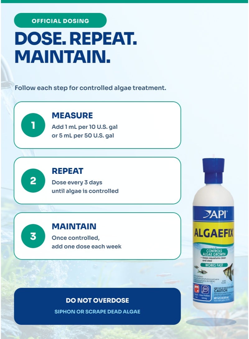 ايه بي آي API Algaefix 16 أونصة للتحكم في طحالب حوض السمك، 473 مل علاج لخزان الأسماك للمياه الخضراء وطحالب الشعر، 1 مل لكل 10 جالون، آمن للأسماك والنباتات الحية، للمياه العذبة - Image 5