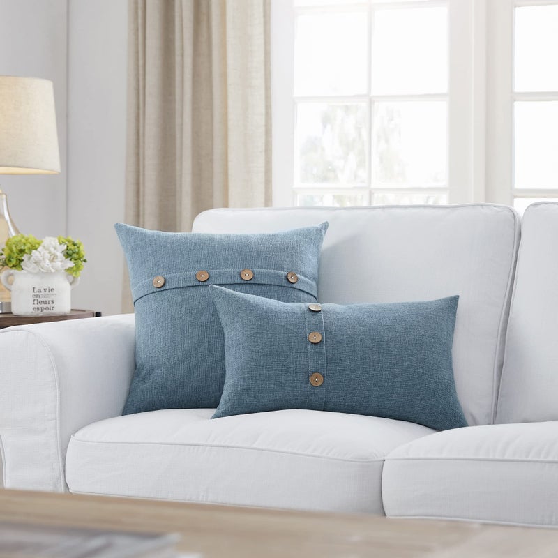 Meekio Set of 2 Deep Grey Blue Square Pillow Covers 16 x 16 Farmhouse Boho Pillow Covers with Coconut Buttons for Sofa Couch Living Room Bedroom Farmhouse D?cor for The Home - Image 2