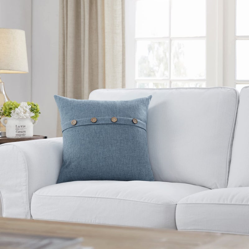 Meekio Set of 2 Deep Grey Blue Square Pillow Covers 16 x 16 Farmhouse Boho Pillow Covers with Coconut Buttons for Sofa Couch Living Room Bedroom Farmhouse D?cor for The Home - Image 3