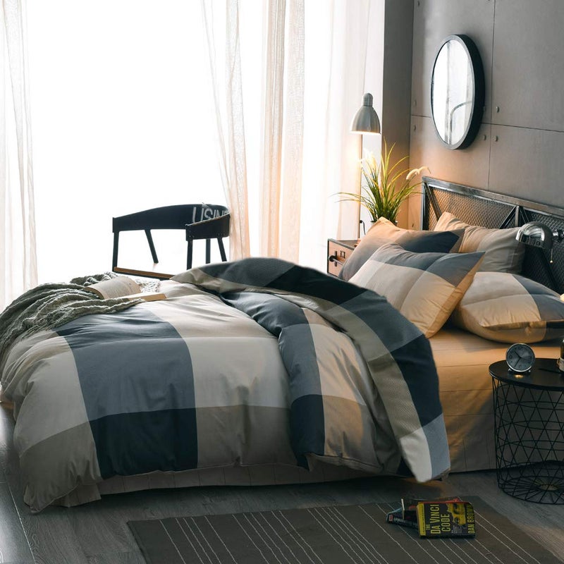 mixinni Full Size Checkered Duvet Cover Set - 3 Piece Grey Geometric Cotton Bedding Set with Zipper Closure & Corner Ties, 100% Washed Cotton Soft Breathable Duvet Cover for Men, Women, Teens (Full) - Image 3