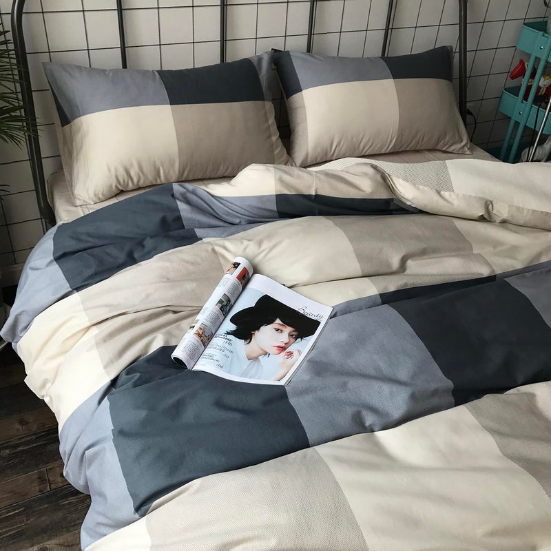 mixinni Full Size Checkered Duvet Cover Set - 3 Piece Grey Geometric Cotton Bedding Set with Zipper Closure & Corner Ties, 100% Washed Cotton Soft Breathable Duvet Cover for Men, Women, Teens (Full) - Image 5