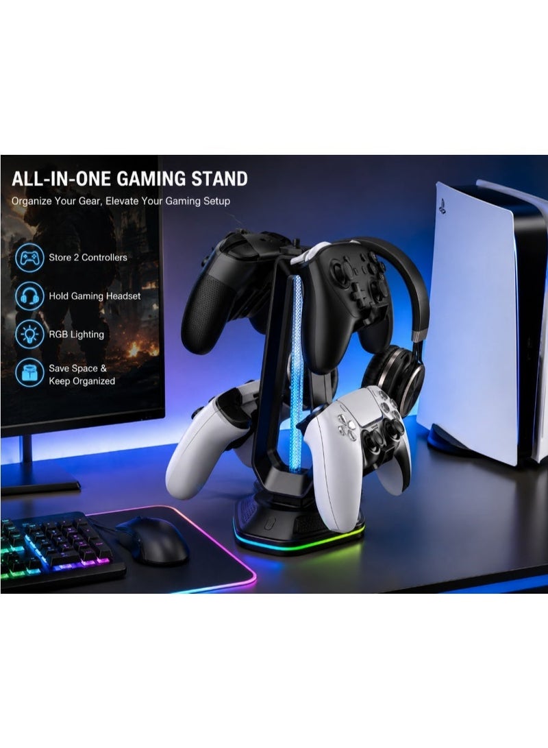 PS5 Controller and Headset Stand, RGB Gaming Accessories Organizer, Dual Controller Holder, Gaming Headphone Stand and Desktop Storage Rack for PS5 Gaming Setup - Image 4