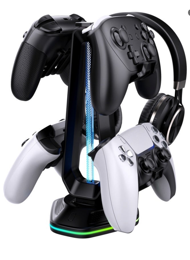 PS5 Controller and Headset Stand, RGB Gaming Accessories Organizer, Dual Controller Holder, Gaming Headphone Stand and Desktop Storage Rack for PS5 Gaming Setup - Image 2