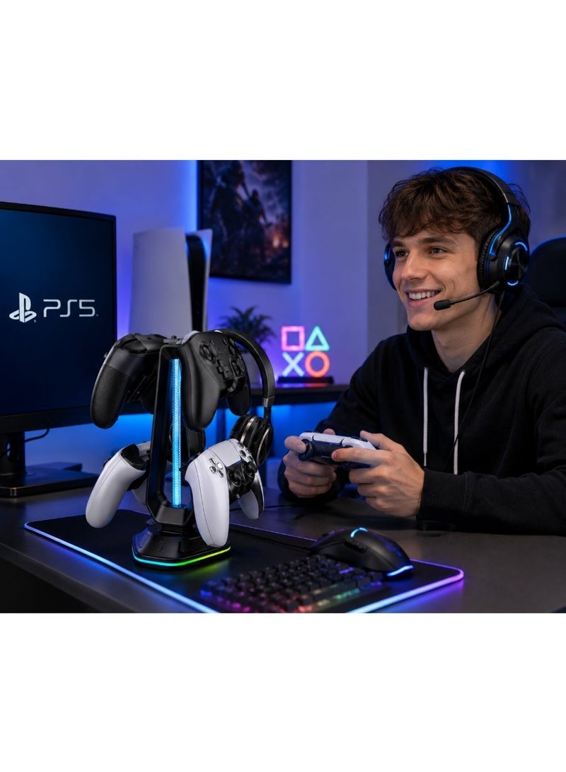 PS5 Controller and Headset Stand, RGB Gaming Accessories Organizer, Dual Controller Holder, Gaming Headphone Stand and Desktop Storage Rack for PS5 Gaming Setup - Image 5