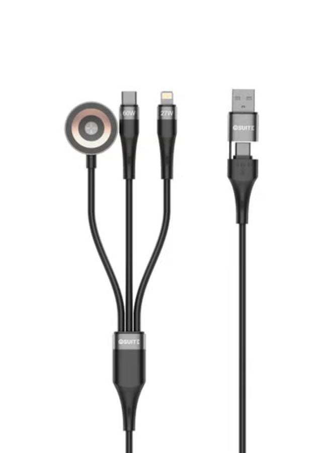 iOsuite 3-in-2 Multi Fast Charging Cable 1.2M, 60W Max, [USB-A + USB-C] to [USB-C + Lightning + Apple Watch], Liquid Silicone Cord for iPhone 16/15/14/13, Apple Watch Ultra/Series 9/8, Samsung S24/S23, MacBook Air/Pro, iPad (Black)