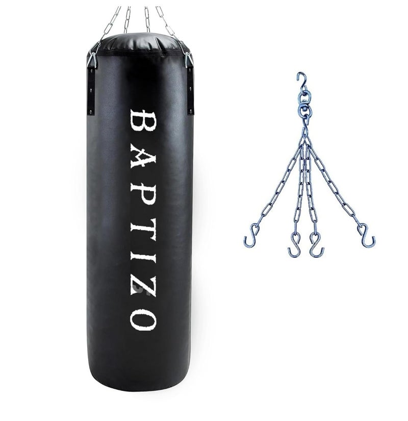 Heavy Synthetic Leather Boxing Punching Bag Black | Stainless Steel Hanging Chain | Boxing | MMA | Kickboxing | Muay Thai | Karate | Judo | Taekwondo (3 feet)