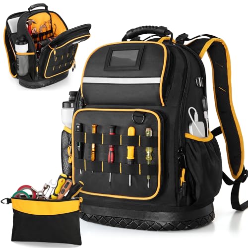 Marscamd Tool Backpack with Hard Bottom and a Tool Pouch Heavy Duty Tool Bag with Multiple Pockets and Laptop Sleeve Black - Image 1