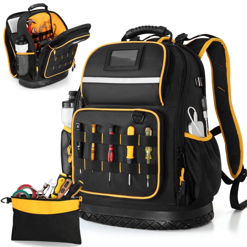 Marscamd Tool Backpack with Hard Bottom and a Tool Pouch Heavy Duty Tool Bag with Multiple Pockets and Laptop Sleeve Black - Image 2