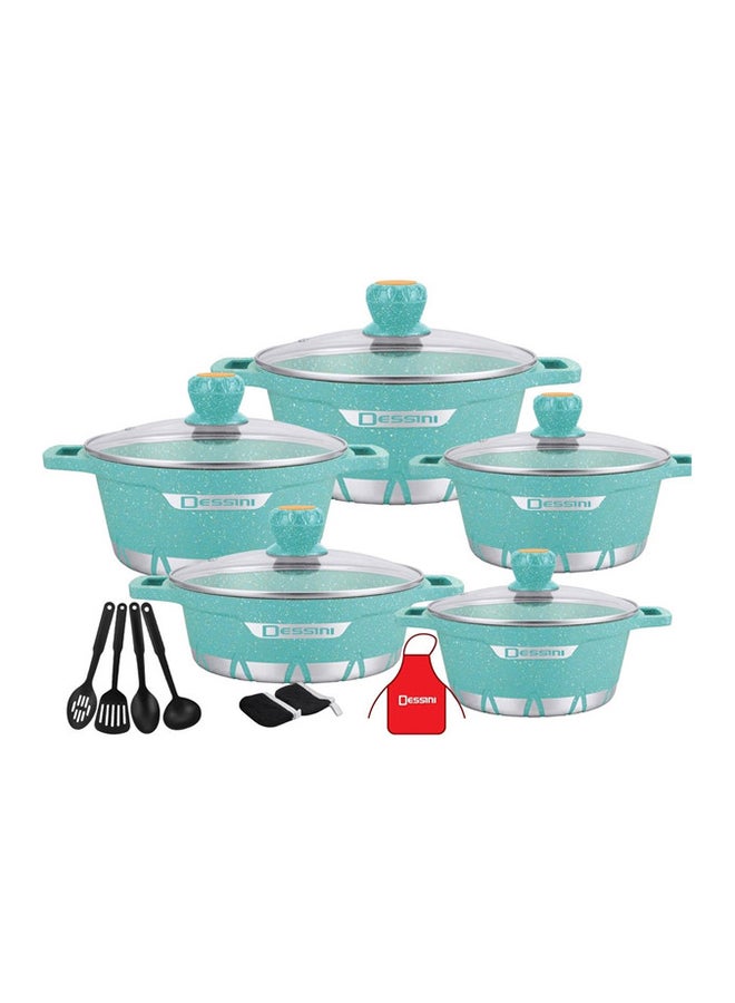 DESSINI 17-Piece Die Casting Cookware Set Includes 1x20cm Casserole With Lid, 1x24cm Casserole With Lid, 1x28cm Casserole With Lid, 1x 32cm Casserole With Lid, 1x28cm Shallow Casserole With Lid, 7xCooking Tools Turquoise - Image 1