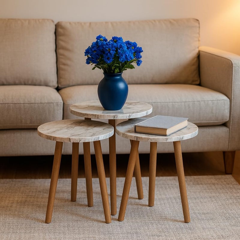 FendiHome Set of 3 Round Faux Marble Nesting Tables – Modern Coffee & Side Tables with Realistic Marble-Look Top and Wooden Legs – Stylish Living Room Furniture for Home or Office - Image 5