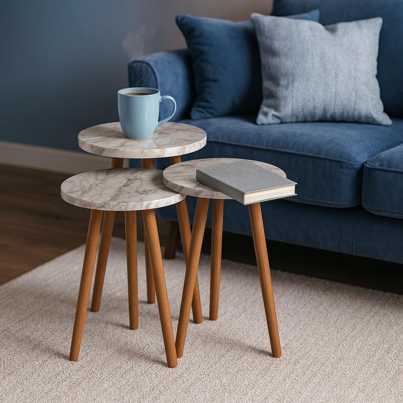 FendiHome Set of 3 Round Faux Marble Nesting Tables – Modern Coffee & Side Tables with Realistic Marble-Look Top and Wooden Legs – Stylish Living Room Furniture for Home or Office - Image 2