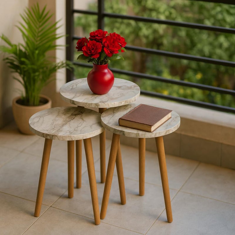FendiHome Set of 3 Round Faux Marble Nesting Tables – Modern Coffee & Side Tables with Realistic Marble-Look Top and Wooden Legs – Stylish Living Room Furniture for Home or Office - Image 1