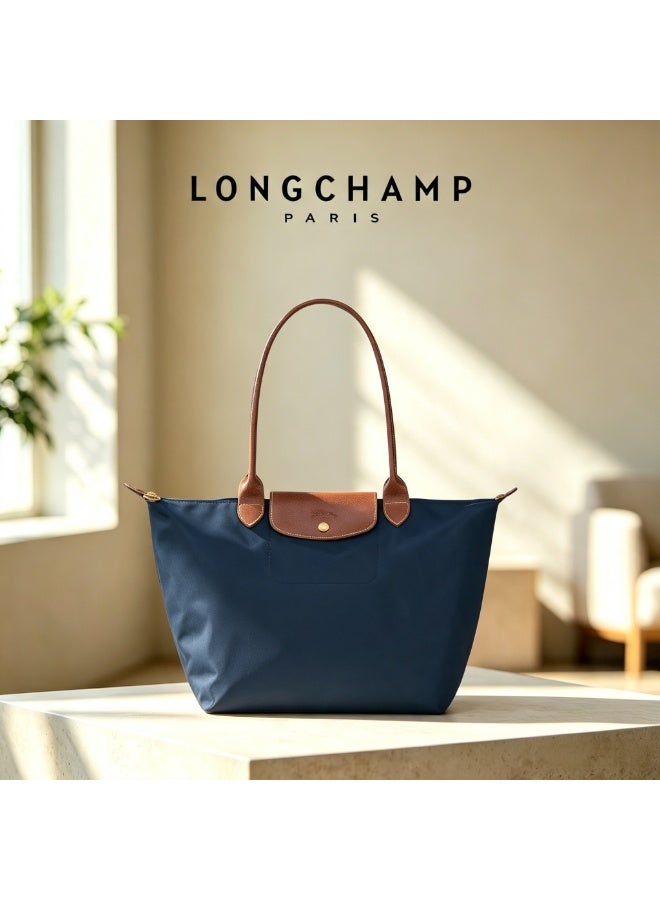 Longchamp Women's Camera Shoulder Bag, Medium Tote, Recycled Nylon Canvas, Leather Trim, Zipper Closure, Blue - Image 1