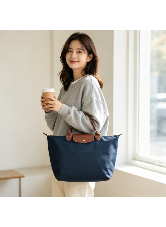 Longchamp Women's Camera Shoulder Bag, Medium Tote, Recycled Nylon Canvas, Leather Trim, Zipper Closure, Blue - Image 2