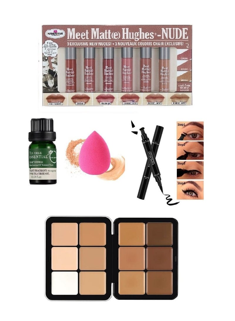 هاندايان مجموعة أساسيات مكياج الوجه : اسفنجة + سيروم ترطيب الوجه+ كحل +باليت ;كونتور كريمي +مجموعة أرواج  - Image 1