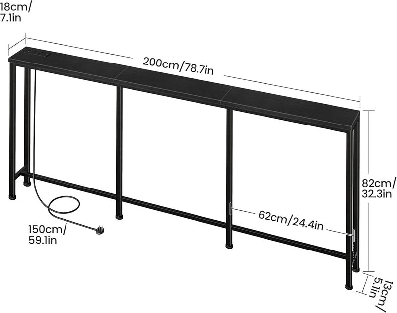 CHOEZON 200cm Narrow Console Table with Power Outlet Slim Sofa Table 18cm Long Back Sofa Table with Charging Station for Entryway Black DTXG20KBB - Image 3