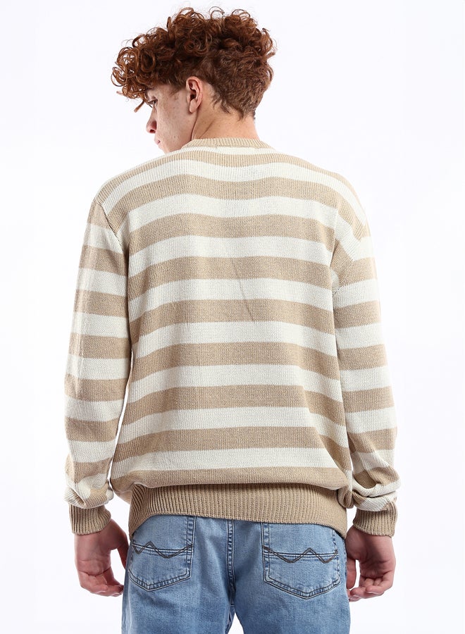 RAVIN Striped Beige & Mocha Slip On Knitted Pullover - Image 3