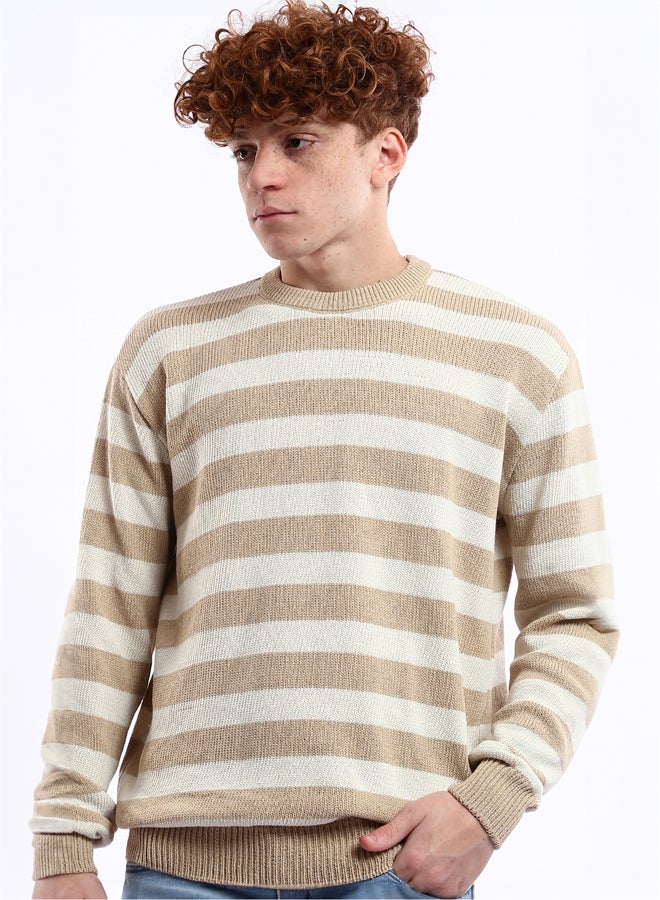 RAVIN Striped Beige & Mocha Slip On Knitted Pullover - Image 4
