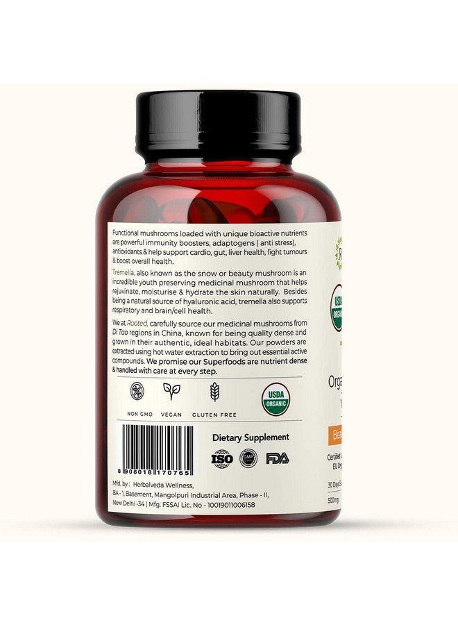 Rooted Actives Tremella Mushroom Extract (60 Veg caps, 500 mg) |Beauty, Skin Glow, Collagen booster, Hyalyronic acid, Hydration| USDA Organic, 45% Beta Glucans - Image 2