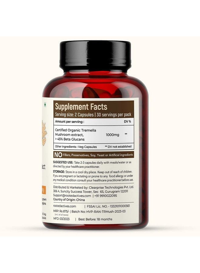 Rooted Actives Tremella Mushroom Extract (60 Veg caps, 500 mg) |Beauty, Skin Glow, Collagen booster, Hyalyronic acid, Hydration| USDA Organic, 45% Beta Glucans - Image 3