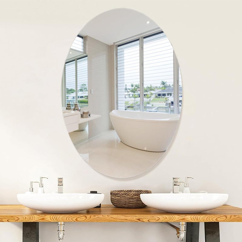 Oval Wall Mirror Non Glass Oval Vanity Mirror Self Adhesive Acrylic Mirror Wall Sticker Flexible Frameless Plastic Mirror Home Decorative Wall Mounted Mirror for Bathroom - Living R