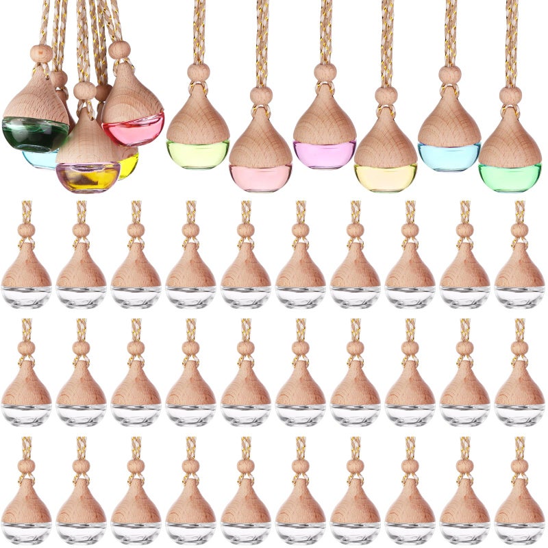 Mkhaslri 60 Pcs Hanging Car Air Freshener Car Diffuser Bottle Empty Glass Perfume Bottles Air Freshener Diffuser Bottle Pendant for Essential Oils Fragrance Aromatherapy Ornament Decor (Water Drop) - Image 1