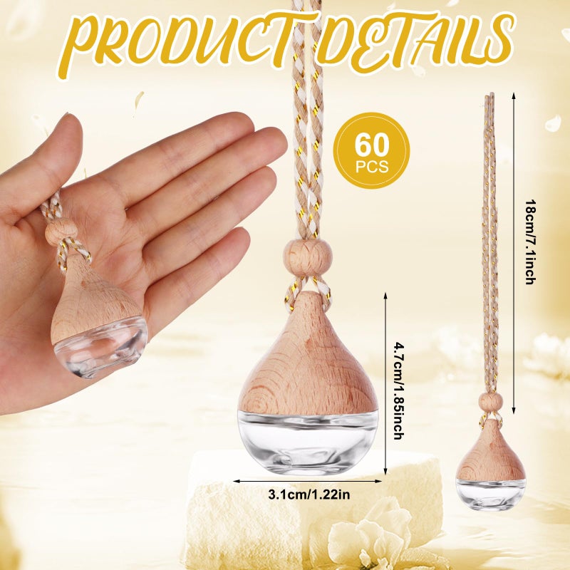 Mkhaslri 60 Pcs Hanging Car Air Freshener Car Diffuser Bottle Empty Glass Perfume Bottles Air Freshener Diffuser Bottle Pendant for Essential Oils Fragrance Aromatherapy Ornament Decor (Water Drop) - Image 3