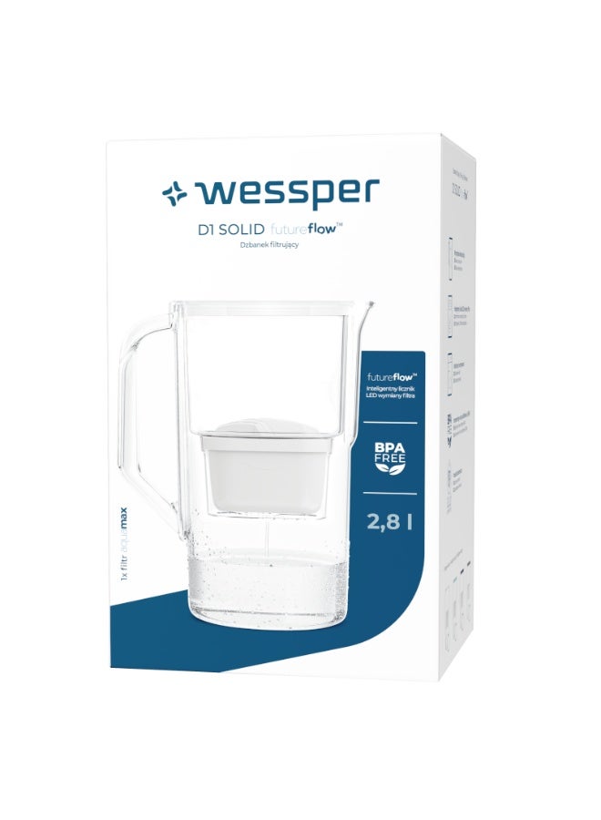 إبريق فلترة مياه ويسبر D1 سوليد FutureFlow سعة 2.8 لتر – أبيض، من سلسلة AquaMax، يشمل خرطوشة فلتر واحدة - Image 1