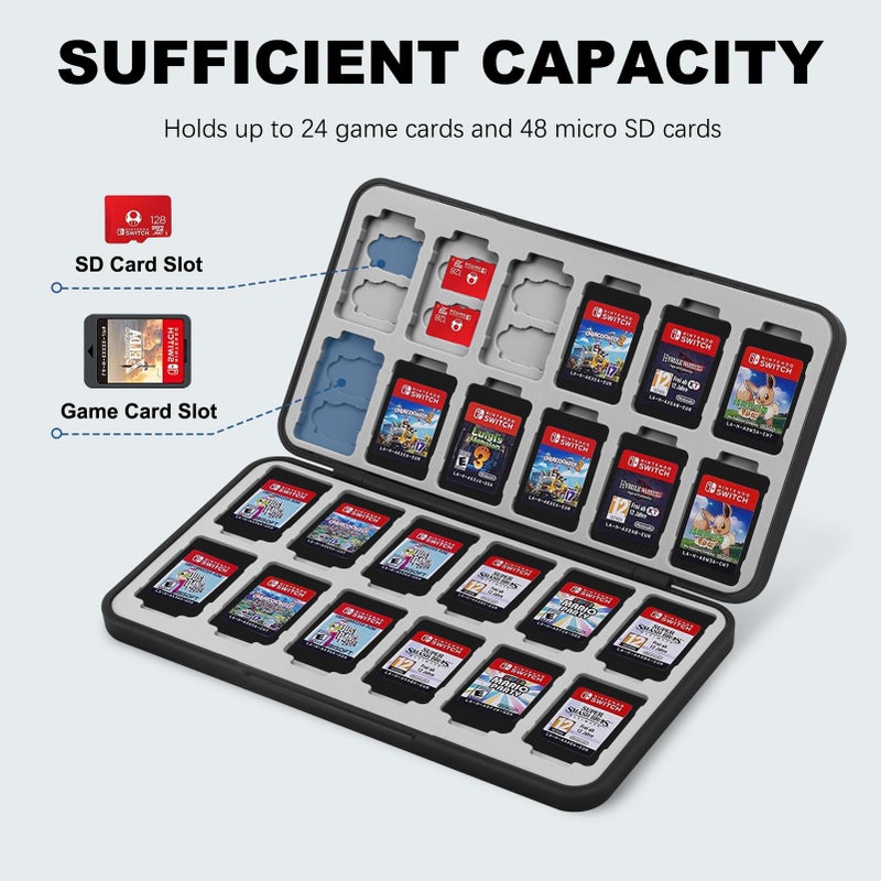 FYY Nintendo Switch Game Case Holder for Switch 2 Cartridge Case with 24 Game Card Slots & 48 Micro SD Card Slots, Hard Shell, Silicone Lining Black - Image 2