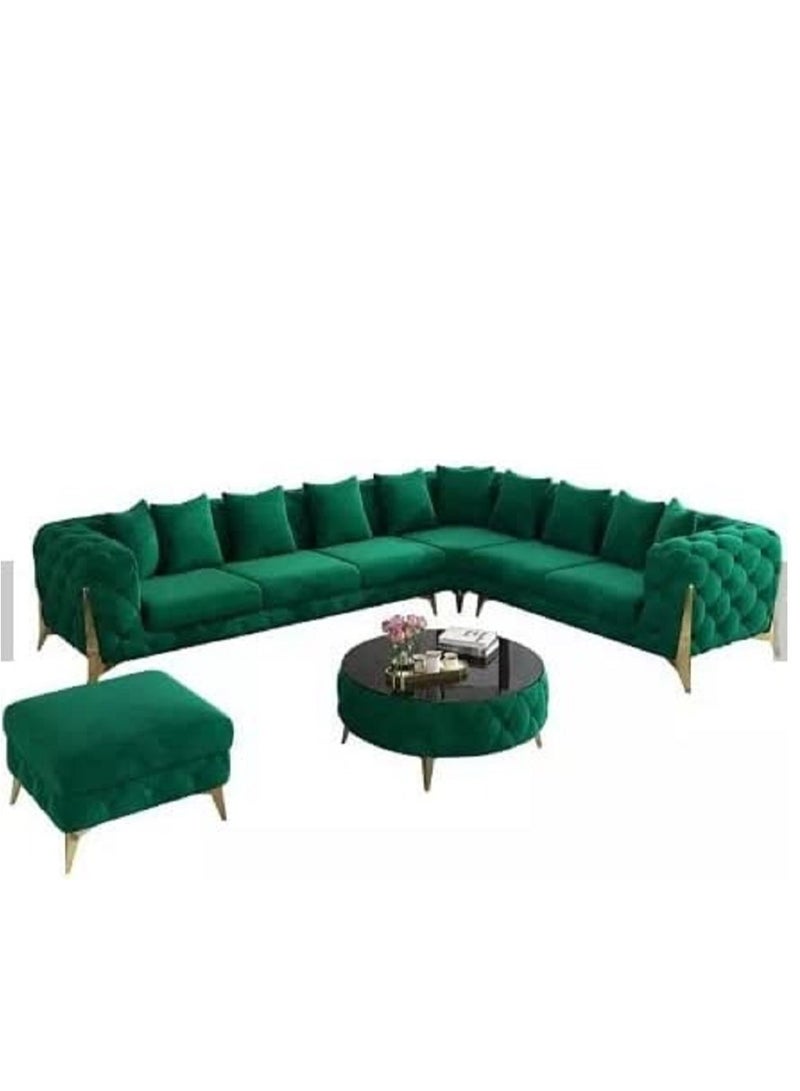 Ripple FURNITURE Luxury Traditional Velvet L Shape Chesterfield Sofa Set Living Room Furniture With Golden Legs 6 Seaters Green 320X90X88  - Image 1