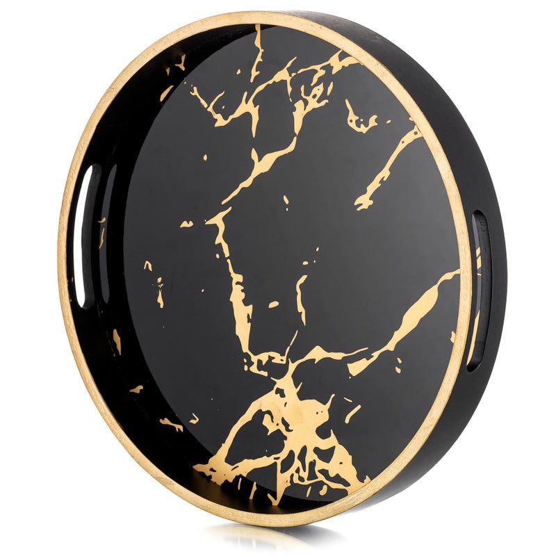 Hanobe Round Decorative Coffee Tray Marble Pattern Serving Circle Tray with Handles Coffee Table Trays for Living Room Bar Drink Party Home Kitchen Black