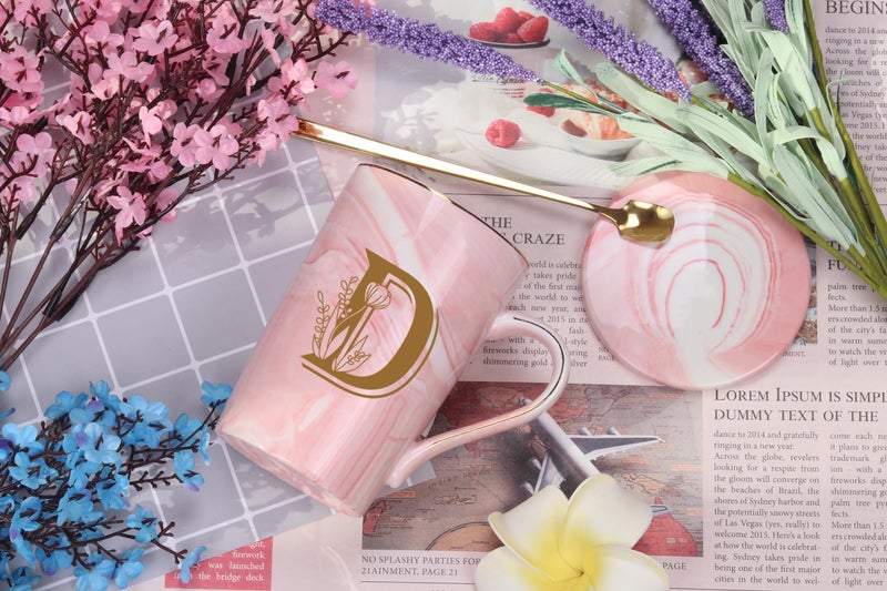 WENSSY Letter D Personalized Initial Mugs with Flower, Letter D Personalized Novelty Coffee Mug, Novelty Letter Coffee Mugs for Women, Bridal Shower Gifts, Women's Initials Gifts Coffee Mug 14 Ounce Pink - Image 2
