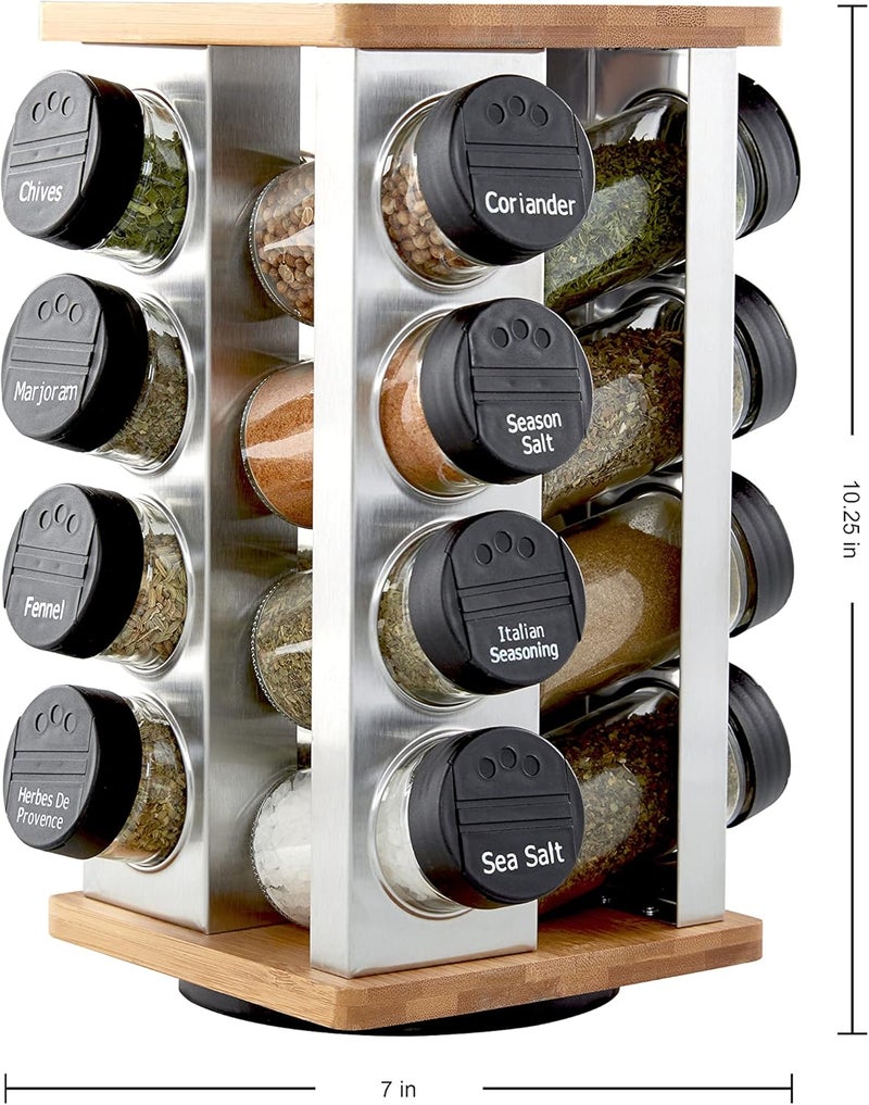 Kamenstein 16 Jar Warner Revolving Countertop Spice Rack Organizer with Lift & Pour Caps and Spices Included, FREE Spice Refills for 5 years, Stainless Steel & Bamboo with Black Caps - Image 2