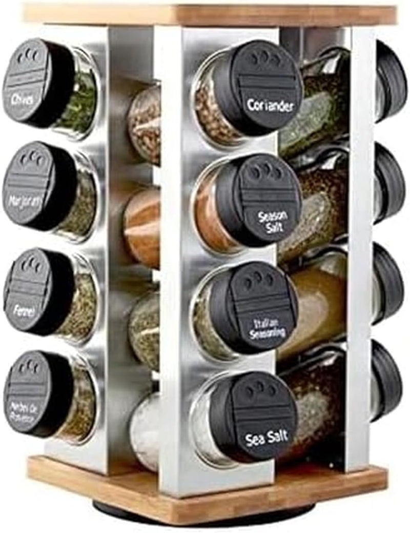 Kamenstein 16 Jar Warner Revolving Countertop Spice Rack Organizer with Lift & Pour Caps and Spices Included, FREE Spice Refills for 5 years, Stainless Steel & Bamboo with Black Caps - Image 1