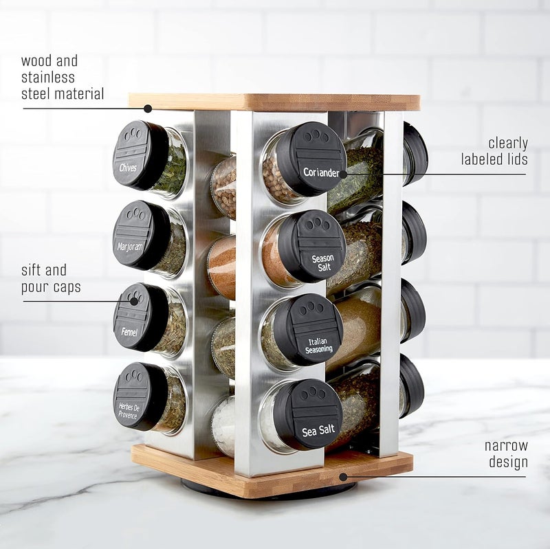Kamenstein 16 Jar Warner Revolving Countertop Spice Rack Organizer with Lift & Pour Caps and Spices Included, FREE Spice Refills for 5 years, Stainless Steel & Bamboo with Black Caps - Image 4