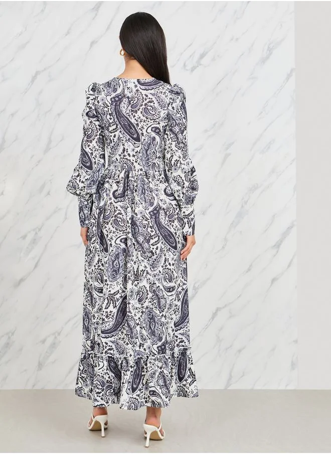 Styli Bohemian Cuffed Sleeve A-Line Maxi Dress