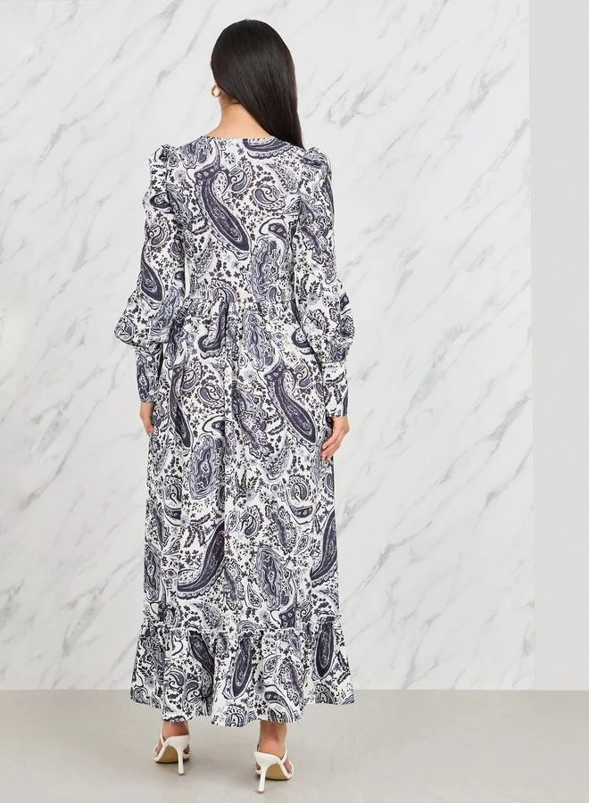 Styli Styli Paisley Print Cuffed Sleeve Maxi Dress