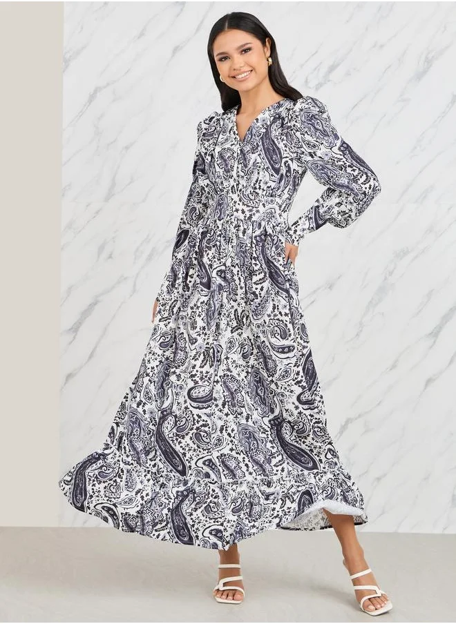 ستايلي Styli Paisley Print Cuffed Sleeve Maxi Dress
