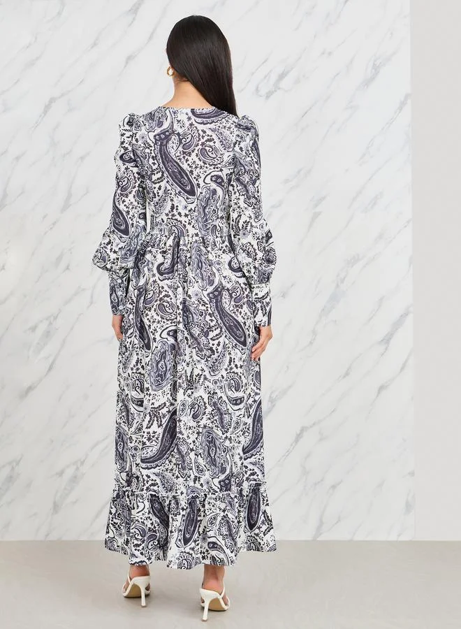 Styli Styli Paisley Print Cuffed Sleeve Maxi Dress