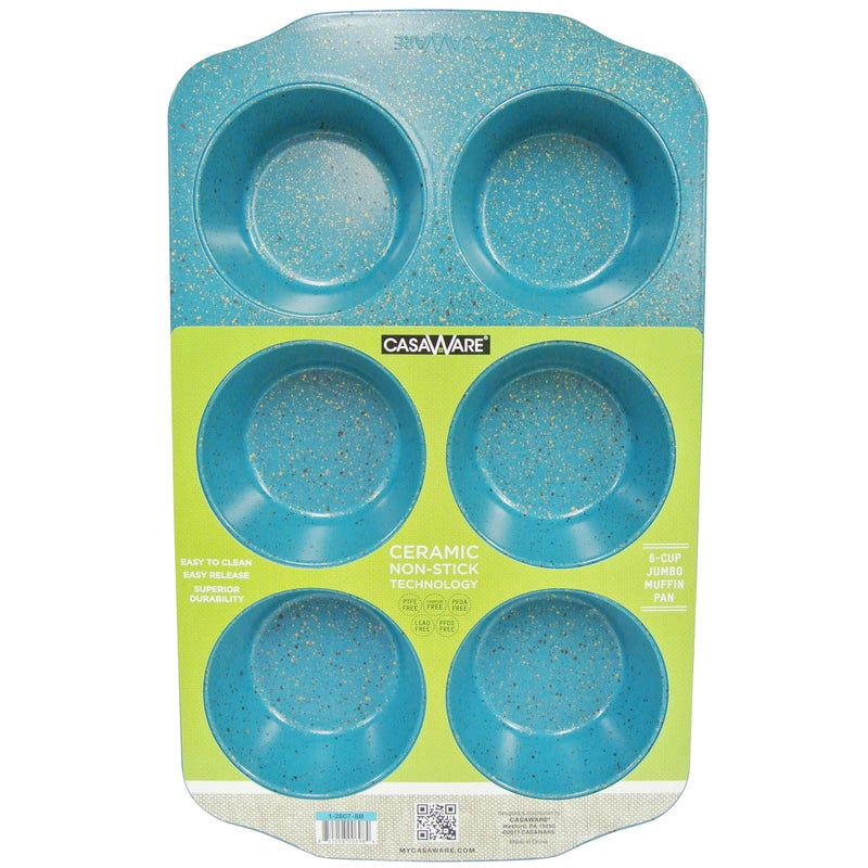 casaWare Jumbo Muffin Pan 6 Cup Ceramic Coated NonStick Blue Granite