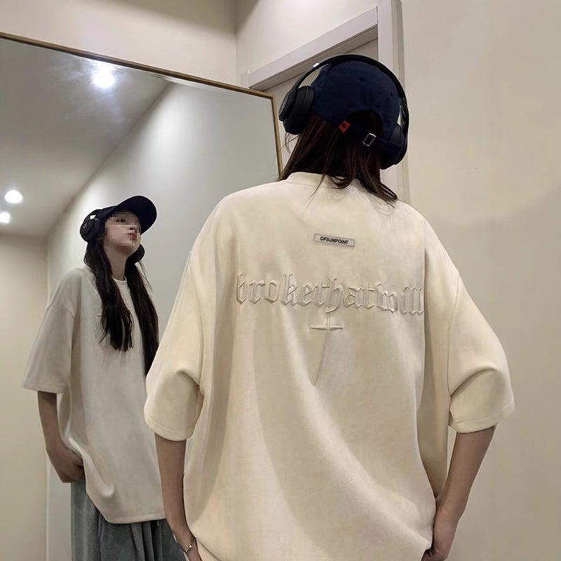 Vintage Short-Sleeved T-Shirt Men'S American Style Pluppies Handsome Embroidered Heavy Trendy Brand Loose Suede Half-Sleeved T-Shirt - Image 3