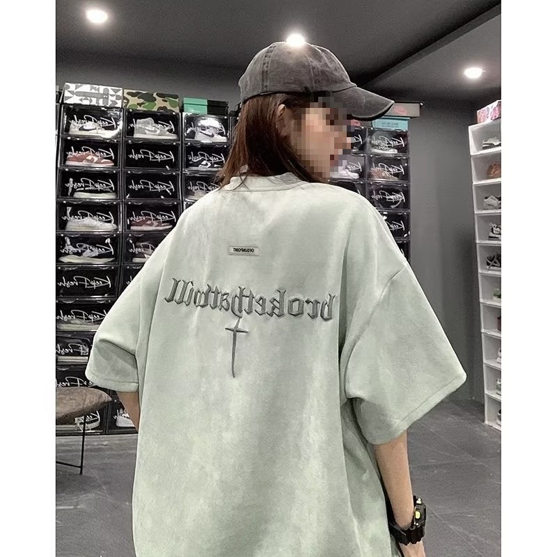 Vintage Short-Sleeved T-Shirt Men'S American Style Pluppies Handsome Embroidered Heavy Trendy Brand Loose Suede Half-Sleeved T-Shirt - Image 1