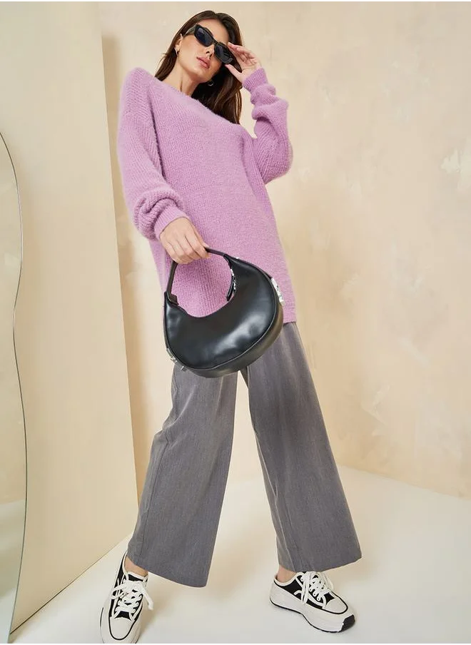ستايلي Oversized Longline Fuzzy Yarn Sweater