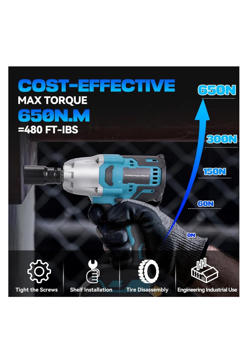 480 Ft-lbs Cordless Impact Wrench Kit, 1/2 Inch 650NM High Torque 2200RPM Brushless Impact Wrench with 6 Pcs Impact Sockets, Ideal for Automotive & Home Repair（Battery Included）