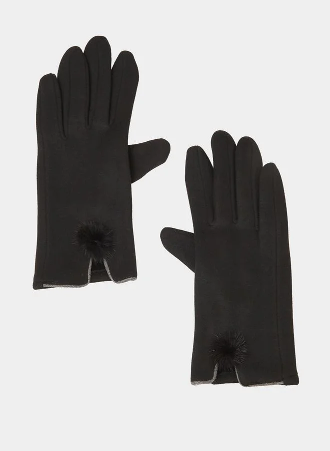 Styli Black Knitted Pom Pom Gloves