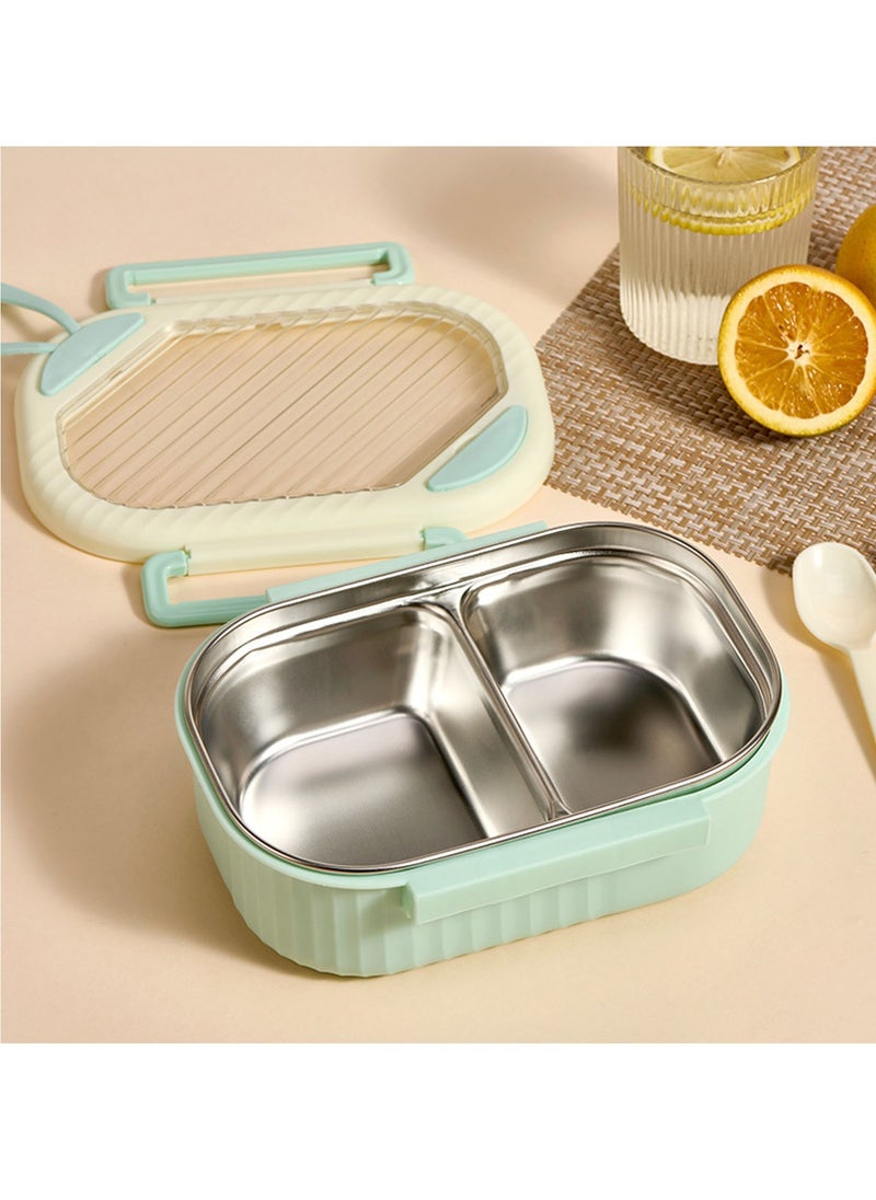 TYCOM Stainless Steel Lunch Box for Kid School Insulated Bento Lunch Box 2 Compartment Divided Lunch Containers with Lids Leakproof BFA Free Dishwasher Safe Strip Green. 
